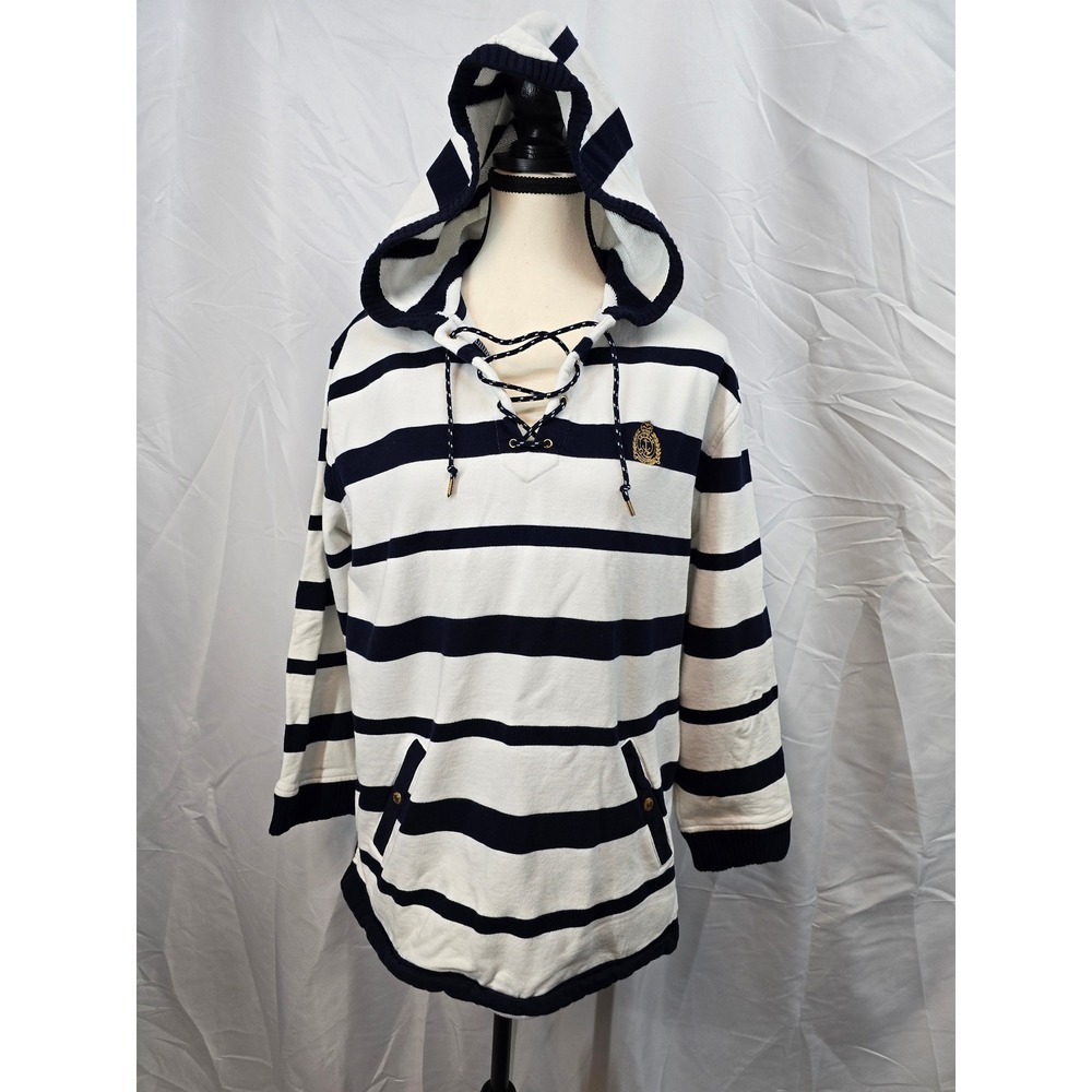 Lauren Ralph Lauren Nautical Striped Lace Up Hoodie Navy White Crest Cotton L‎